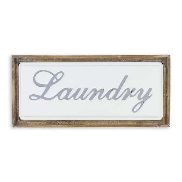 HomeRoots 23.5 in. x 10.75 in. Brown, White Laundry Wood and Metal Wall Art 1-Piece
