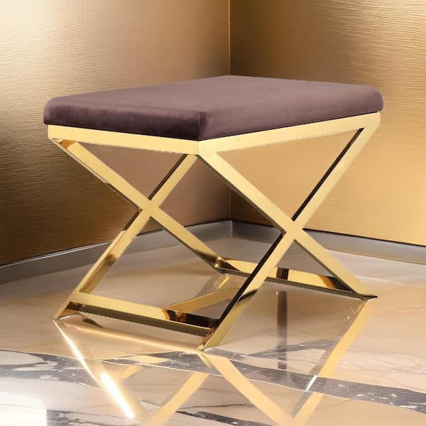 Benjara 20 in. Brown and Gold Low Back Metal Ottoman Stool with Velvet Seat