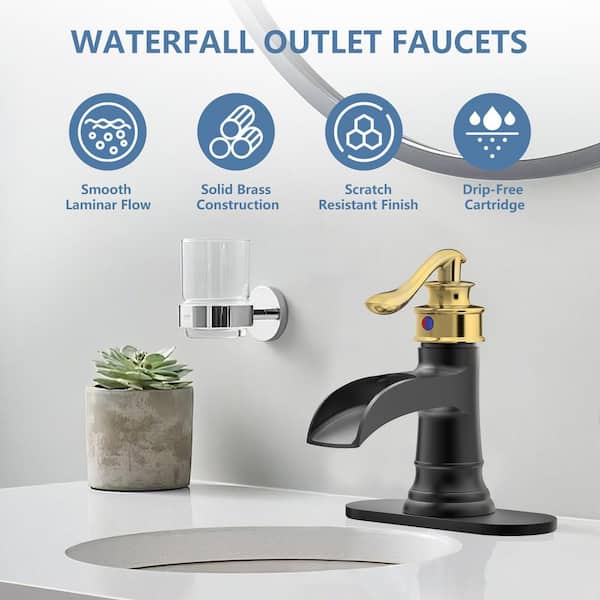Waterfall Single Hole Single Handle Low-Arc Bathroom Faucet with Pop-Up Drain Assembly in Matte Black