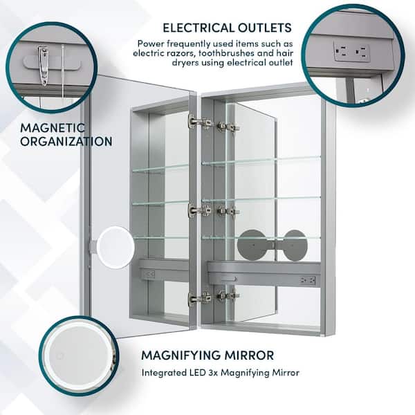 Aquadom Royale 24 in. W x 36 in. H Rectangular Medicine Cabinet with Mirror Defogger, Removable 3X Magnifying Mirror, Left Hinge