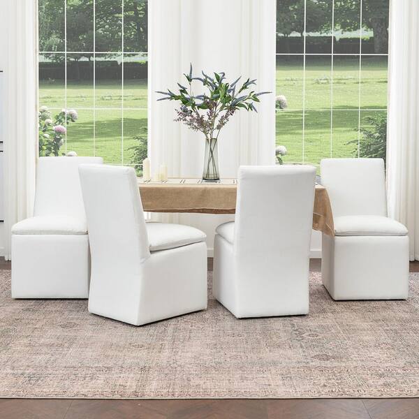 White Performance Fabric Upholstered Dining Side Chair with Casters (Set of 4)