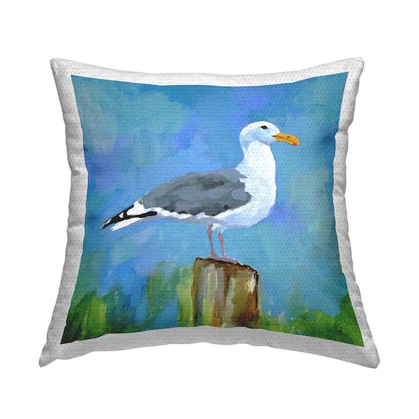 Seagull Perched Nautical Bird Blue Square Outdoor Throw Pillow