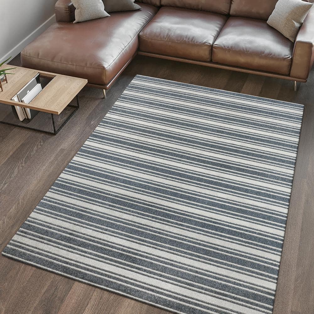 Cream and Dark Gray Striped Washable Synthetic Area Rug 8' x 10'