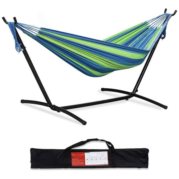 9 ft. Portable Double Hammock with Stand in Blue, Heavy-Duty Steel Frame with Carrying Bag for Outdoor Relaxation