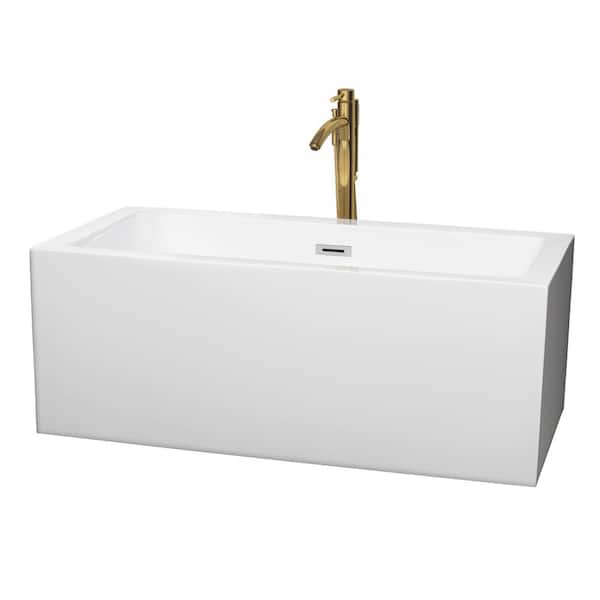 Wyndham Collection Melody 59.5 in. Acrylic Flatbottom Bathtub in White with Polished Chrome Trim and Brushed Gold Faucet
