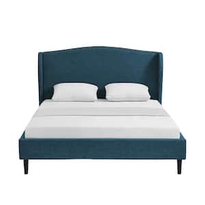 Knight Blue Wood Frame Queen Size Platform Bed With Nailhead Trim