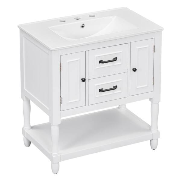 FUNKOL 30 in. W Modern Freestanding Bathroom Vanity in White with 1 White Sink and Ceramic Top, 2-Doors and 2-Drawers