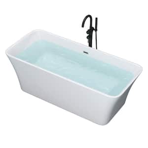 59 in. Acrylic Flatbottom Freestanding Alcove Soaking Bathtub in White and Overflow and Drain