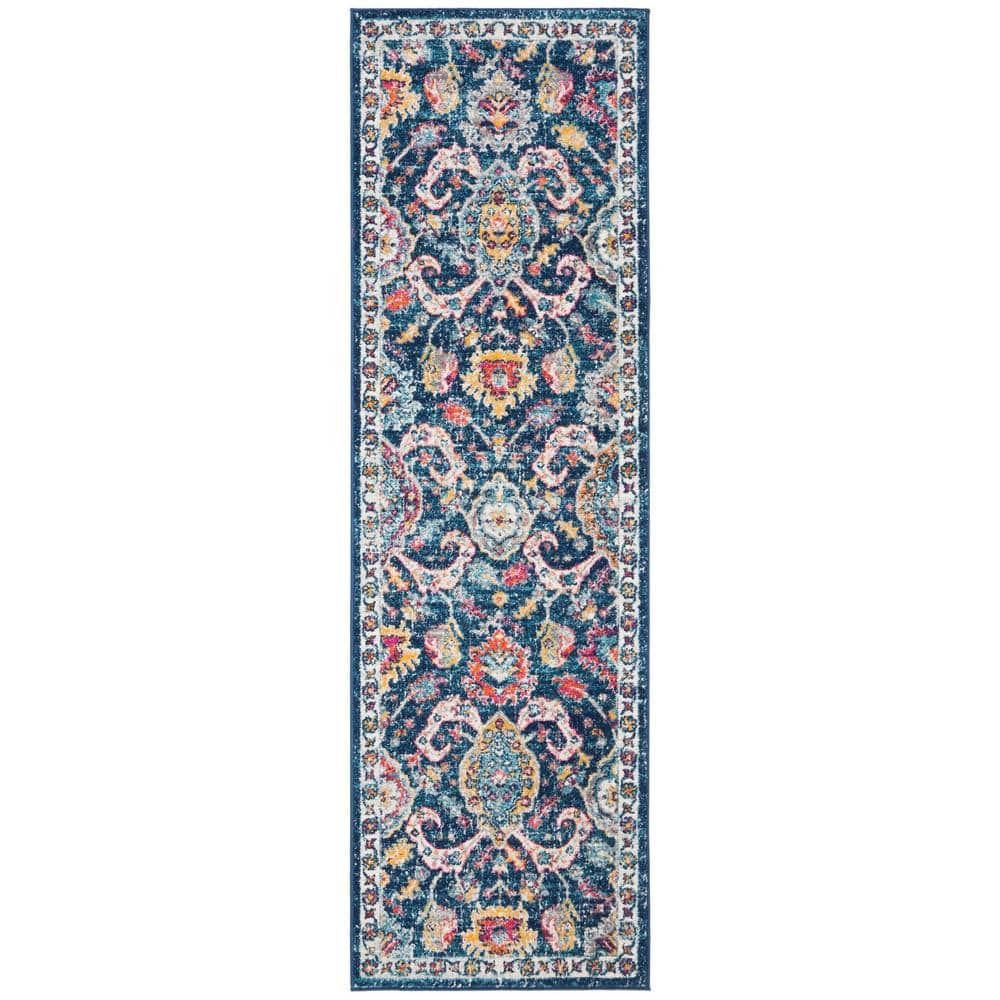 Navy and Fuchsia Floral High Pile Synthetic Runner Rug