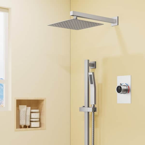 YAWWALK 2-Spray 10 in. Wall Mount Dual Fixed and Handheld Shower Head in Brushed Nickel (Valve Included)