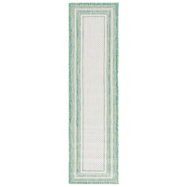 Courtyard Ivory/Green 2 ft. x 8 ft. Solid Color Striped Indoor/Outdoor Runner Rug