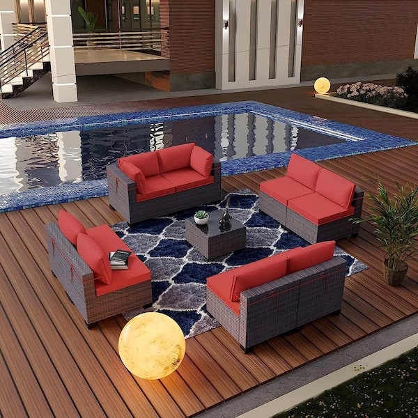 9-Piece Wicker Outdoor Sectional Set with Cushion Red