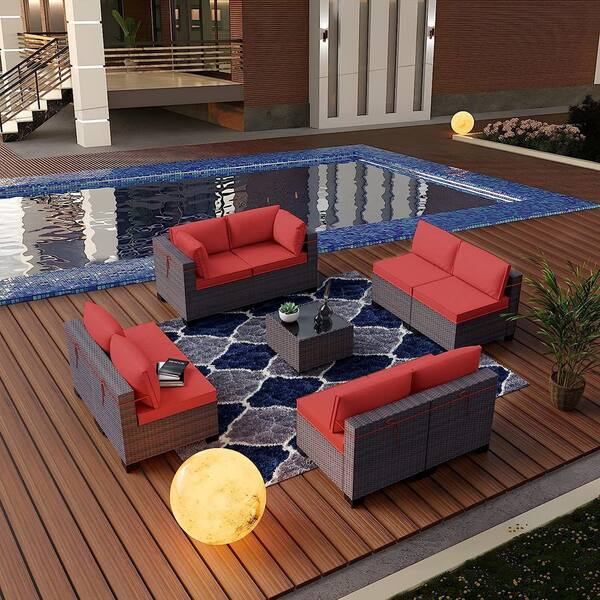 9-Piece Wicker Outdoor Sectional Set with Cushion Red