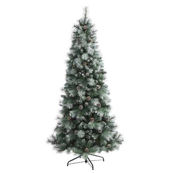 Nearly Natural 7 Ft Pre Lit Frosted Tip British Columbia Mountain Pine Artificial Christmas Tree With 400 Clear Lights Pine Cones T1852 The Home Depot