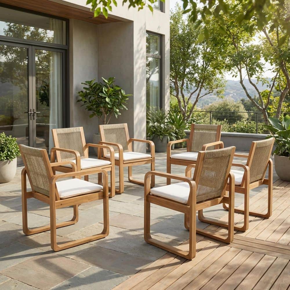 Charli Light Teak Plus Multi Brown Solid Wood Patio Outdoor Dining Chairs with Beige Cushions and Rope Back, Set of 6 price history on PriceWatchPro