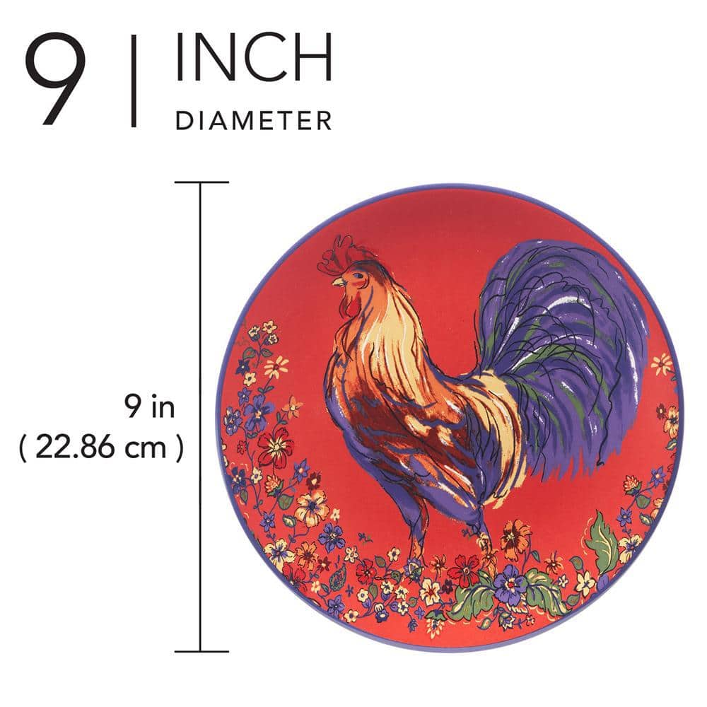 Vibrant Red Ceramic Rooster 9" Salad/Dessert Plates Set