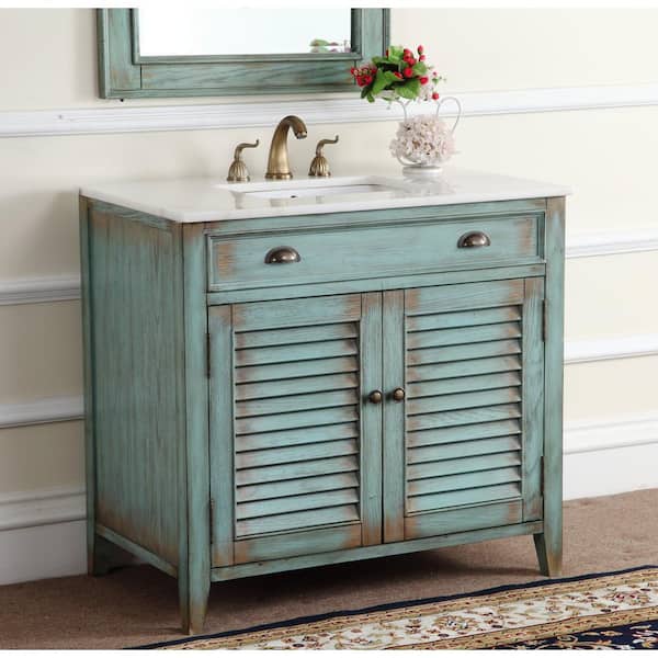Benton Collection Abbeville 36 in. W x 21.5 in D. x 34 in. H White Marble Vanity Top in Distressed Blue with White Under mount Sink Vanity