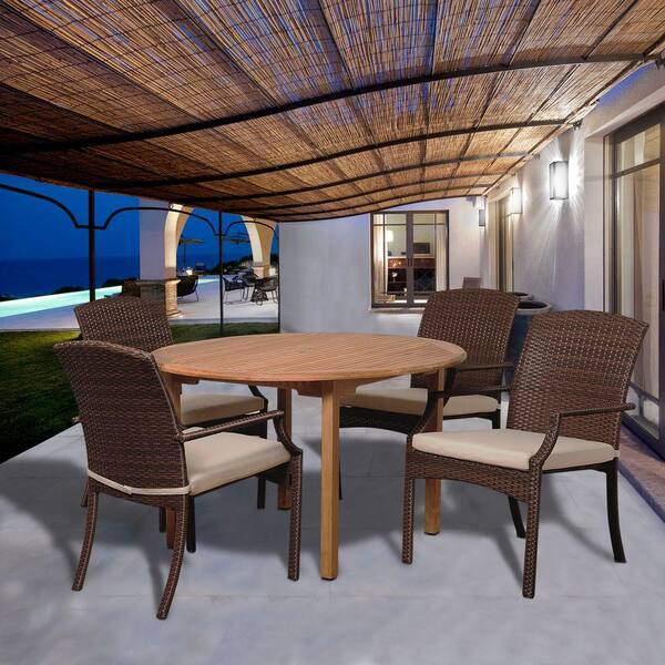 Amazonia Carpenter 5-Piece Teak Round Patio Dining Set with Off-White Cushions