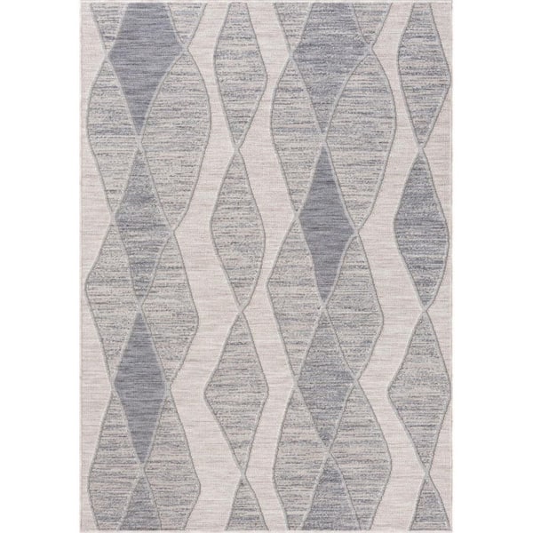 Blue, Gray 8 ft. x 9 ft. Woven Geometric PET Polyester Rectangle Indoor/Outdoor Area Rug