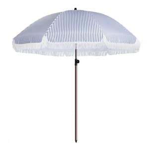 7.5ft Metal Striped Outdoor Beach Umbrella with Tassel in Blue