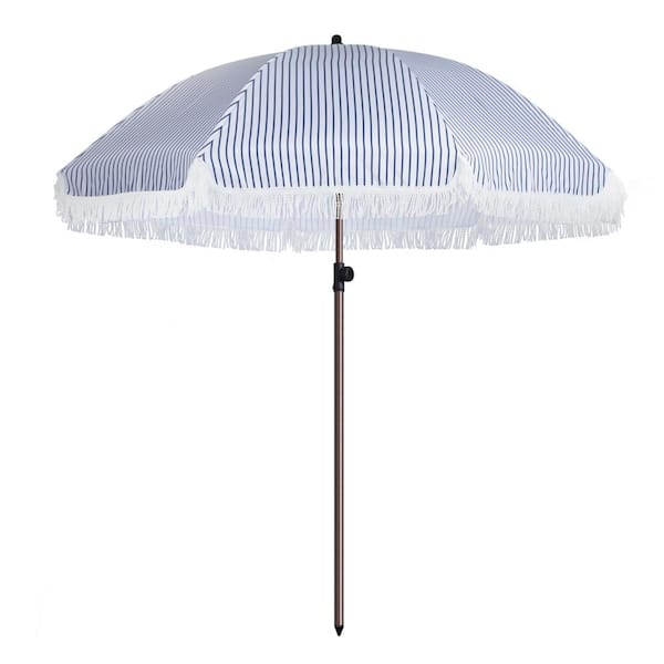 GARSING 7.5ft Metal Striped Outdoor Beach Umbrella with Tassel in Blue
