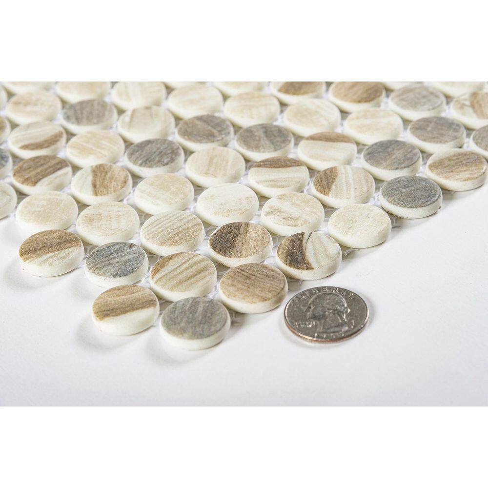 Noel Off-White and Gray Glass Penny Round Mosaic Tile