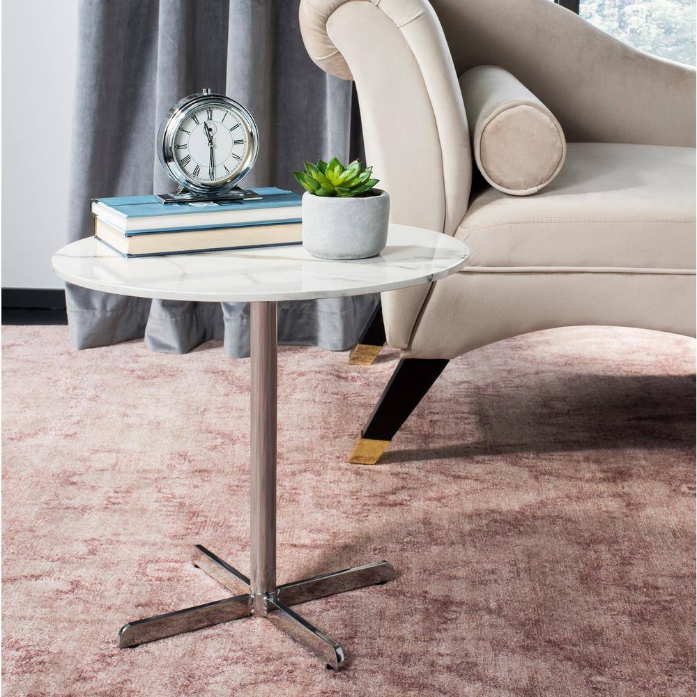 Elegant Transitional 20" Round White Marble & Chrome Side Table