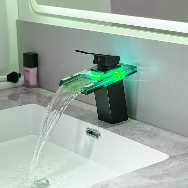 Brass Single Handle Single Hole Bathroom Faucet with Water Supply Hoses and LED Temperature Sensor Light in Matte Black