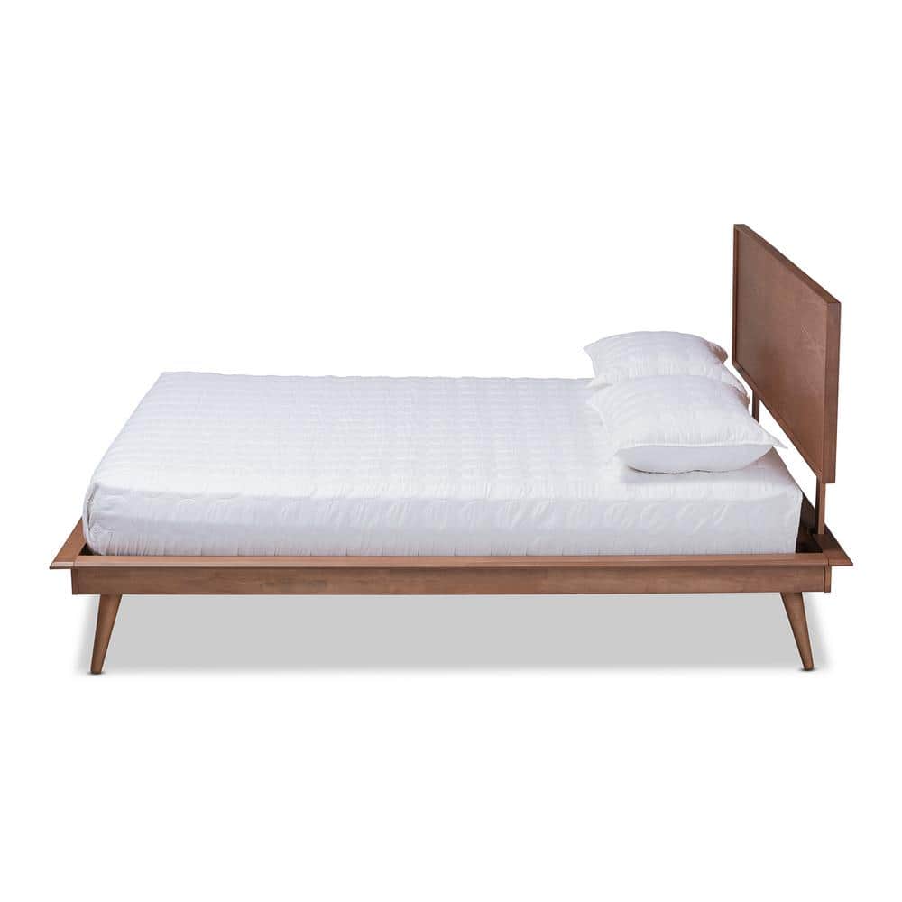 Mid-Century Modern Walnut Brown Queen Bed with Wood Slats