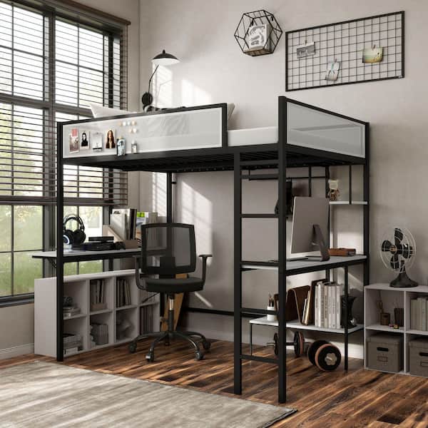 Nogren White/Black Full Metal Loft Bed With Two Desks and Patented Noise Reduction Slat Design