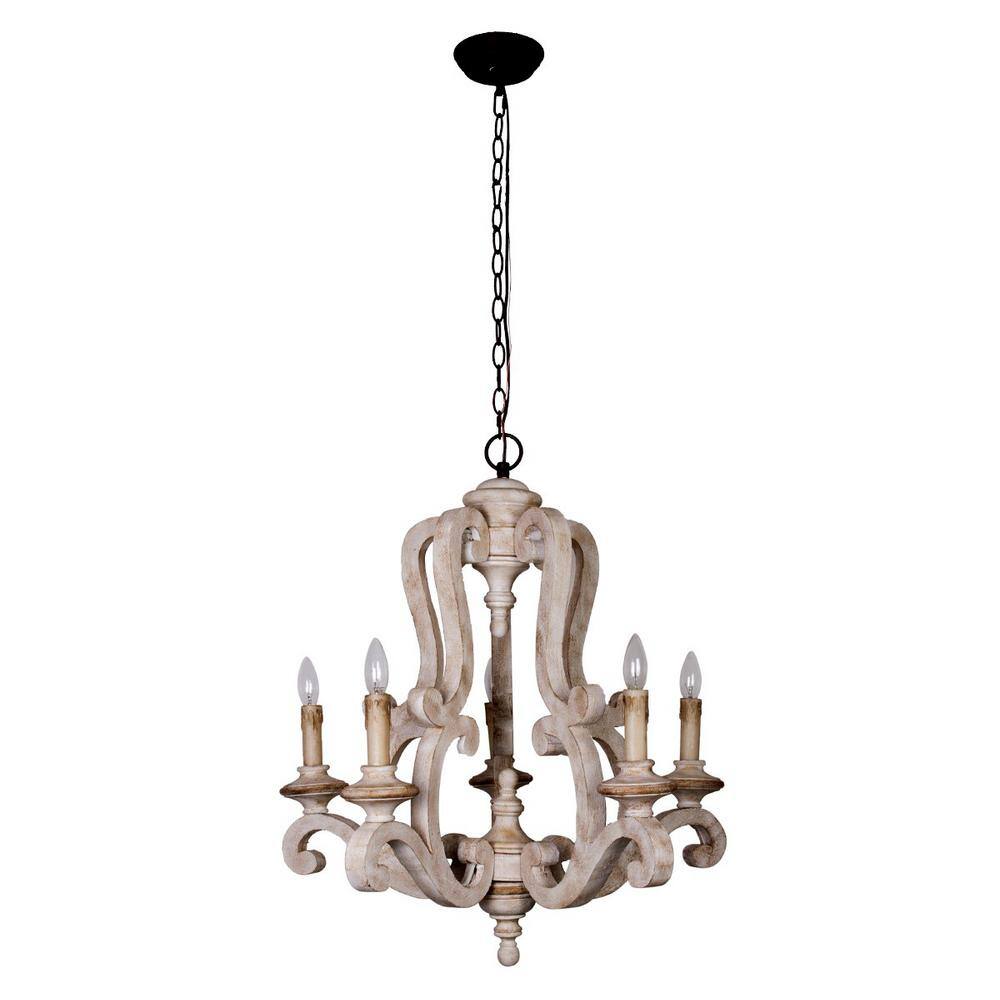 Distressed White 5-Light Wood Candle Chandelier