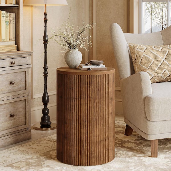 Andrea 16 in. Brown Round Solid Wood End Table with Storage, Fluted Side Table with Wheels for Living Room, Bedroom