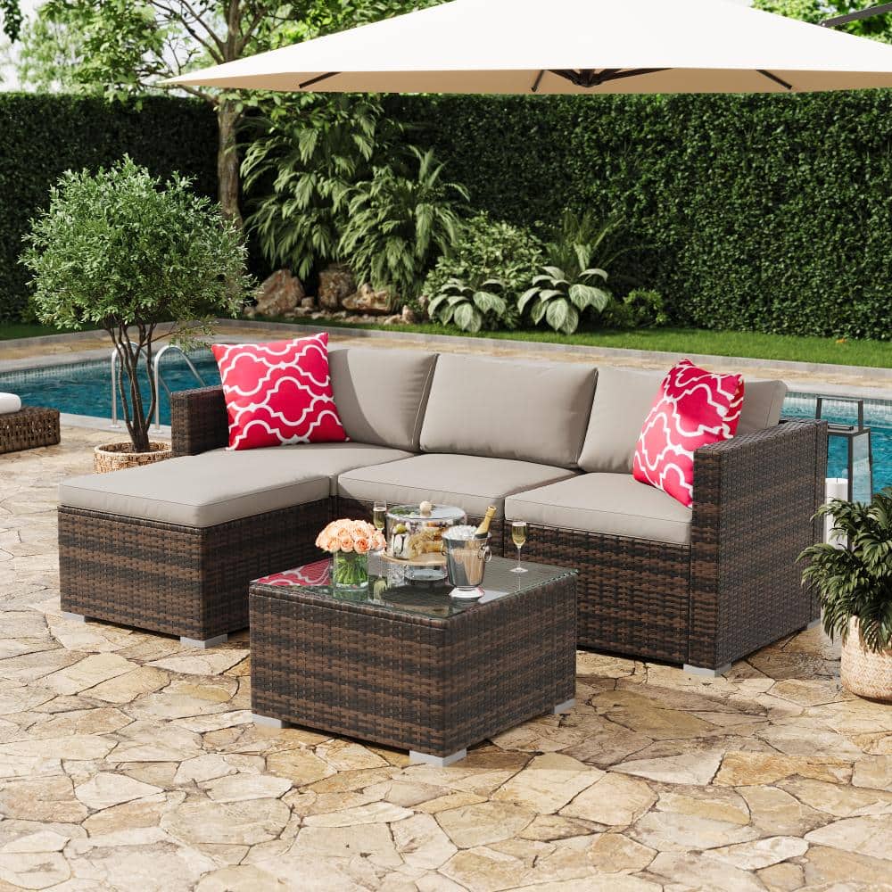 Five-Piece L-Shape Rattan Garden Set with Cushions, Brown Four-Strand Rattan and Light Gray Cushions price history on PriceWatchPro