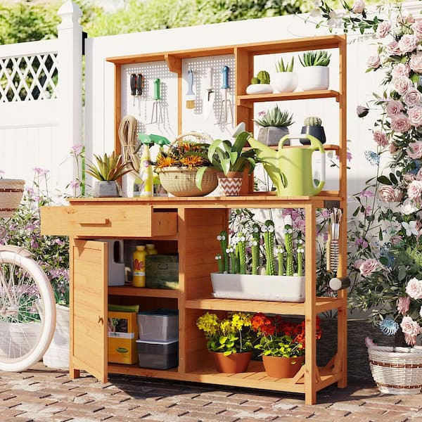 SUNRINX 50.2 in. W x 65.7 in. H Nature Fir Wood Potting Bench Hutch with Adjustable Storage