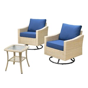 Oconee Beige 3-Piece Wicker Outdoor Patio Conversation Swivel Rocking Chair Set with Navy Blue Cushions