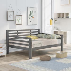 Gray Wooden Full Size Daybed with Full Guard Rail, Daybed Sofa Bed with Slat and Bed Rail, Weight Capability 250 lb.