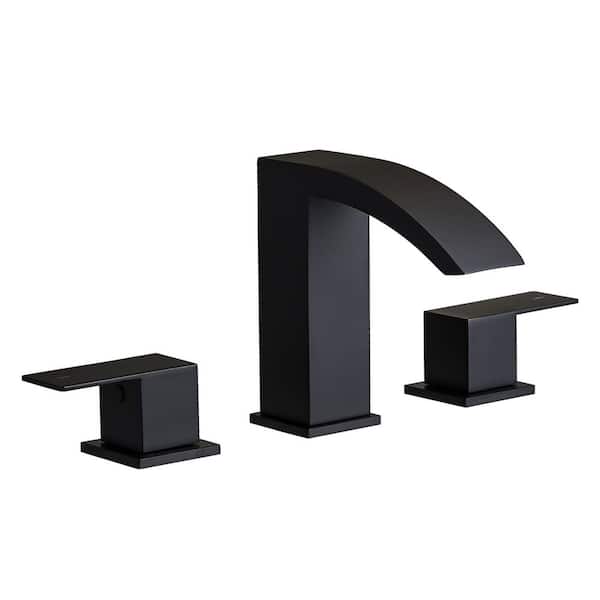 8 in. Widespread Double Handle Waterfall Bathroom Faucet Stainless Steel 3 Hole Vanity Basin Taps in Matte Black