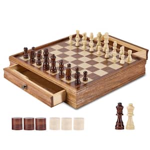 Solid Wood Chess Set 15 in. 2-in-1 Chess Checkers Game Set Chess Board Games for Adults Kids