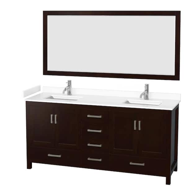 Wyndham Collection Sheffield 72 in. W x 22 in. D x 35 in. H Double Bath Vanity in Espresso with White Cultured Marble Top and 70" Mirror