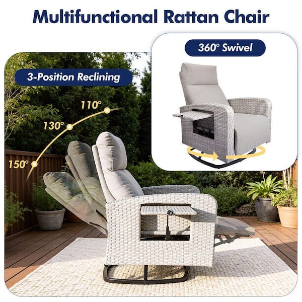 Grey Wicker Outdoor Chaise Lounge Reclining Swivel Chair with
