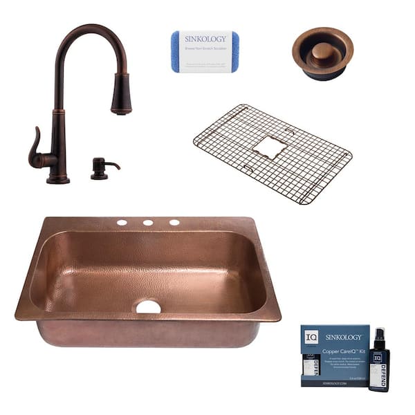 SINKOLOGY Angelico All-In-One Copper Drop-In 33 in. 3-Hole Single Bowl Kitchen Sink with Pfister Ashfield Faucet and Drain