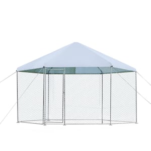 13.1 ft. x 8.6 ft. Hexagonal Large Metal Chicken Coop, Walk-in with Oxford Fabric Waterproof Cover, Lockable, White
