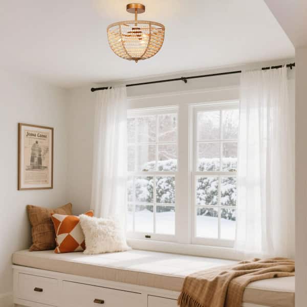 14 in. 3-Light Brushed Antique Gold Farmhouse Semi-Flush Mount with Wood Beaded Shade and Hemp Rope Accent