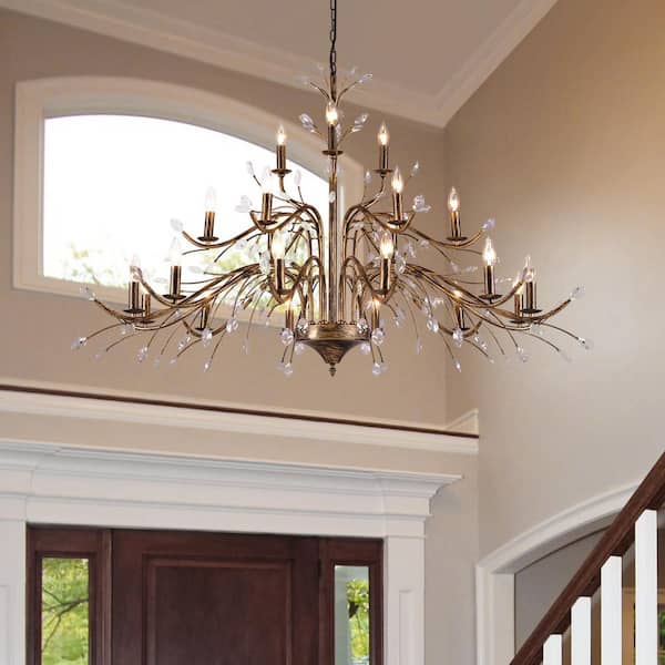 35.4 in. 21-Light French Vintage Bronze Tiered Candlestick Chandelier with Clear Crystal Accents