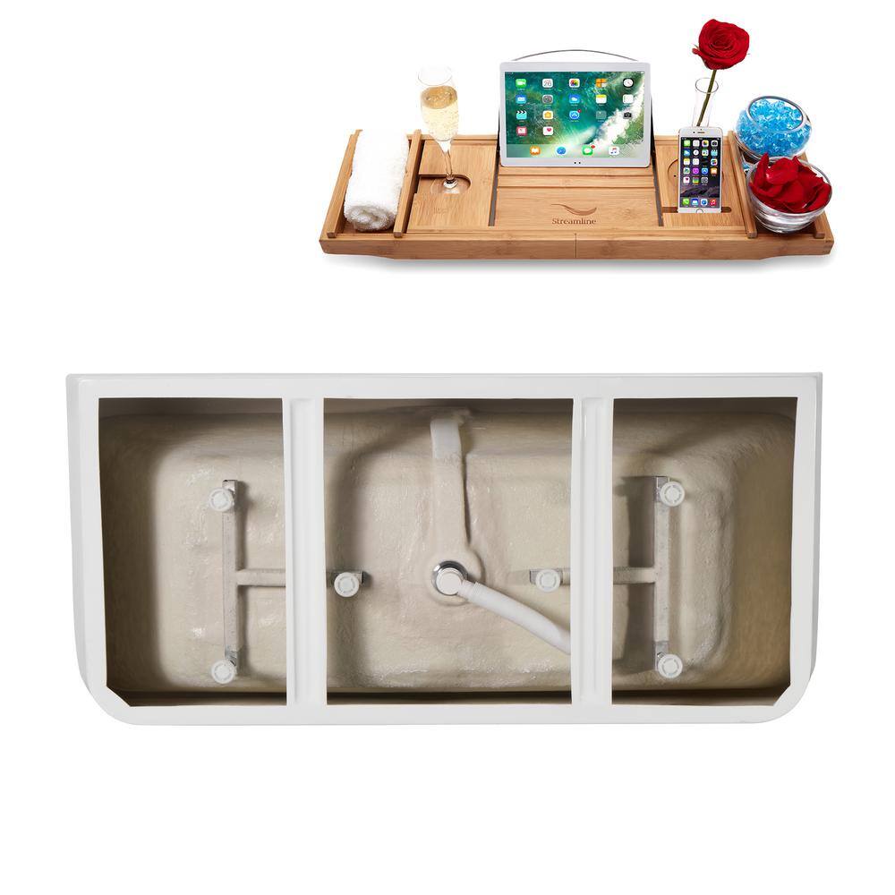 67" Glossy White Acrylic Freestanding Soaking Tub with Bamboo Tray