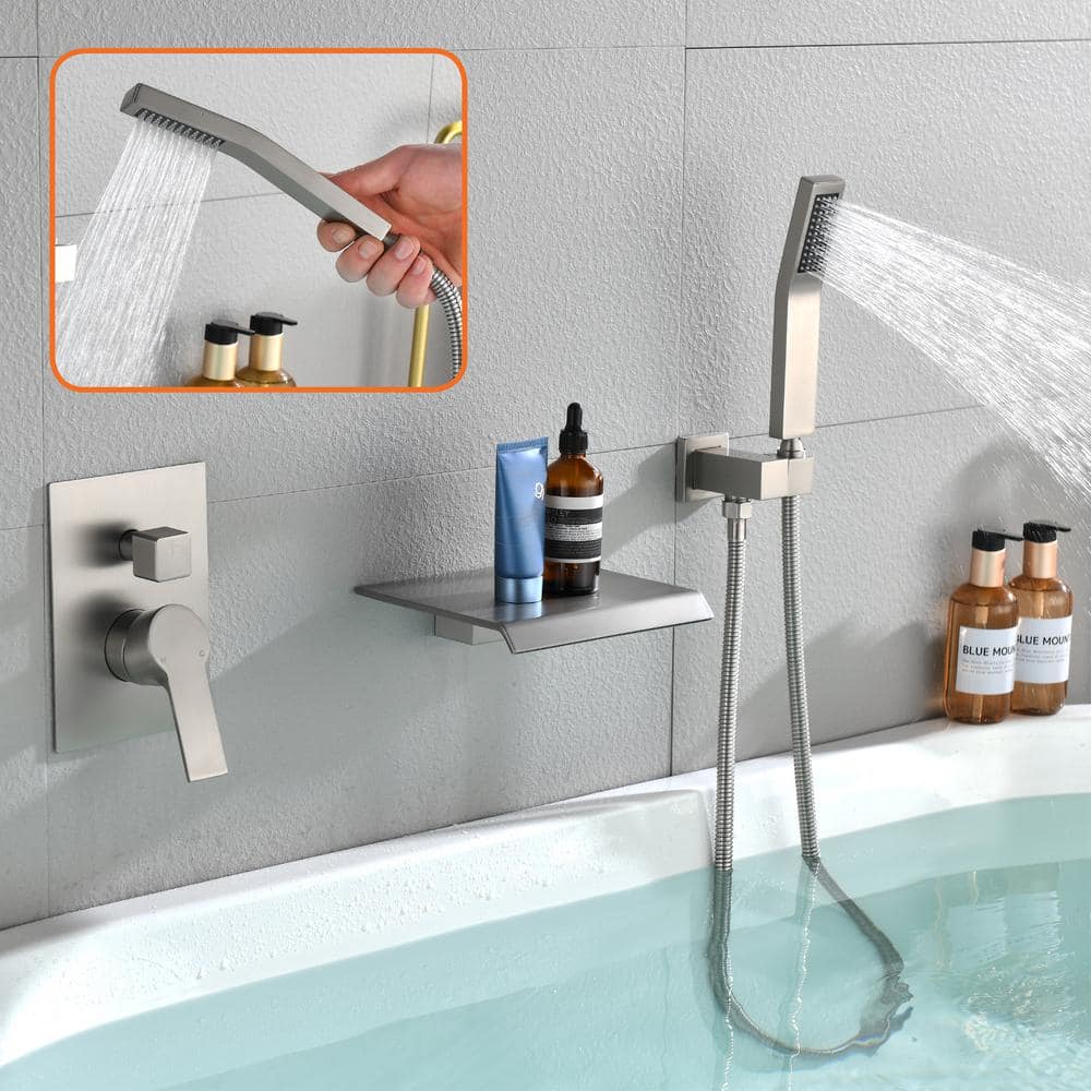 Brushed Nickel Wall-Mount Waterfall Tub Faucet with Hand Shower