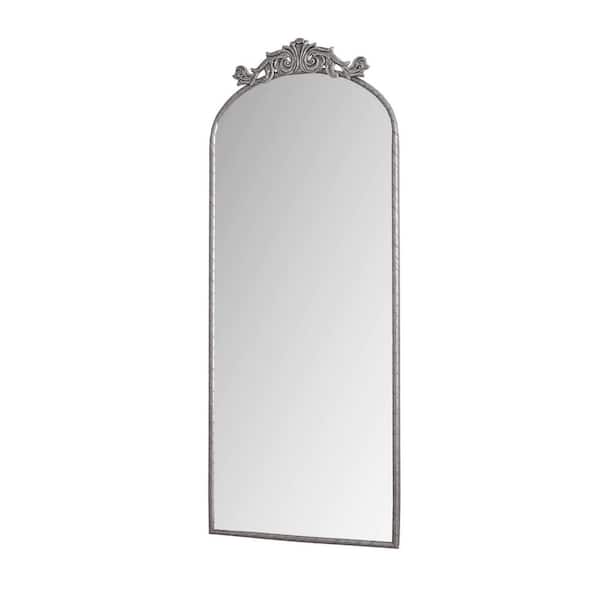 Tatahance Antique Silver 24 in. W x 58 in. H Arched Metal Iron Framed Full Body Wall Mirror with Carved Applique on Top