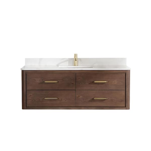 Cristo 55 in. W x 22 in. D x 20.6 in. H Double Sink Bath Vanity in Aged Dark Brown Oak with White Quartz Stone Top