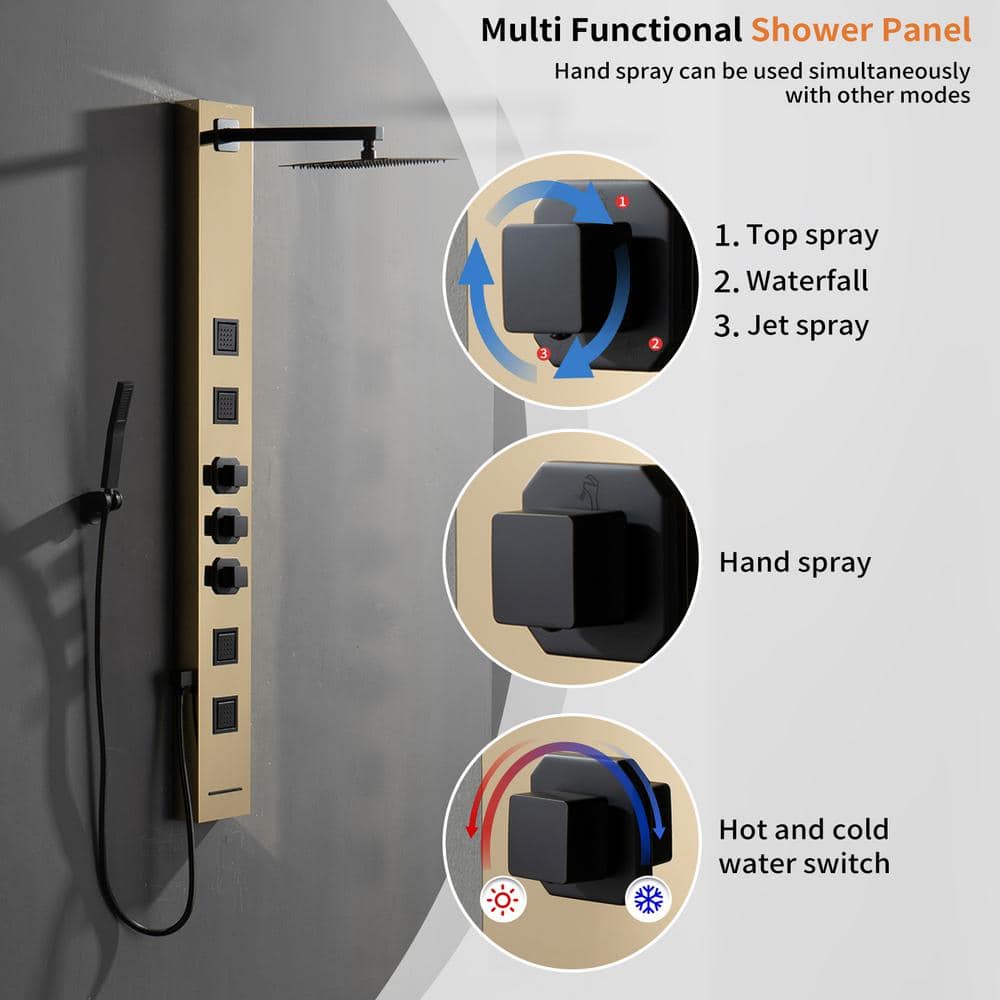 55'' Black and Gold Stainless Steel Shower Panel System