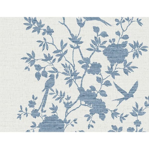 60.75 sq. ft. Coastal Haven Denim Blue Aloha Bird Trail Embossed Vinyl Unpasted Wallpaper Roll